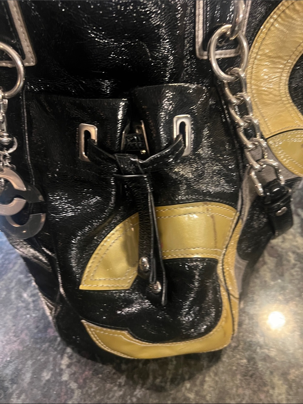 Coach patent leather Black Tote with gold and Gray suede C’s - Picture 8 of 11